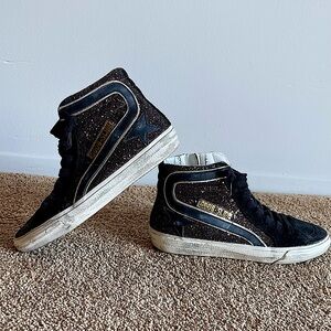 Golden Goose Slide High Top Sneakers, Brown Glitter with Black Star - EU 36
